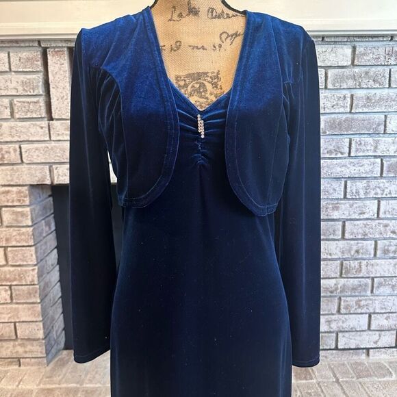 Vintage 90s Fashion Bug Velour Maxi Evening Dress Bolero Set Whimsy Blue Size 8 - Picture 2 of 16